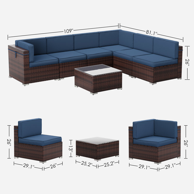 Latitude Run® 7 Piece Rattan Sectional Seating Group with Cushions